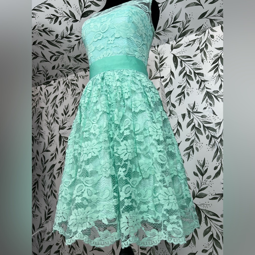 Elegant Lace Mint Green Prom Bridesmaid Cocktail Dress Sz XS Satin Waistband #D - Picture 9 of 16